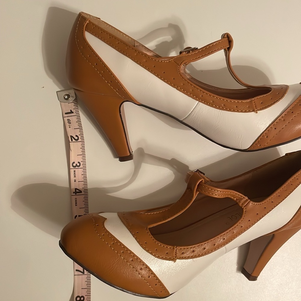 Chase + Chloe Tan and White T-Strap Heels - Picture 10 of 16